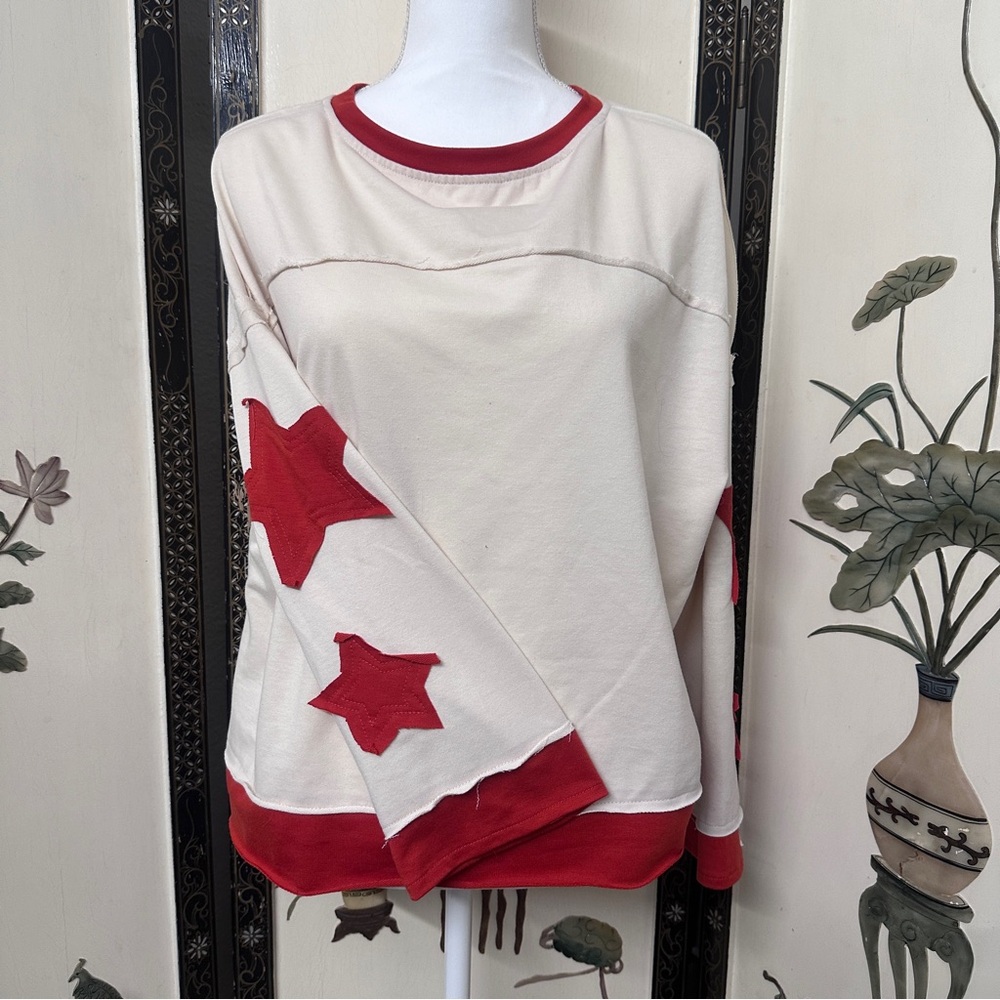 Cream and Red Star Long Sleeve Women's Top